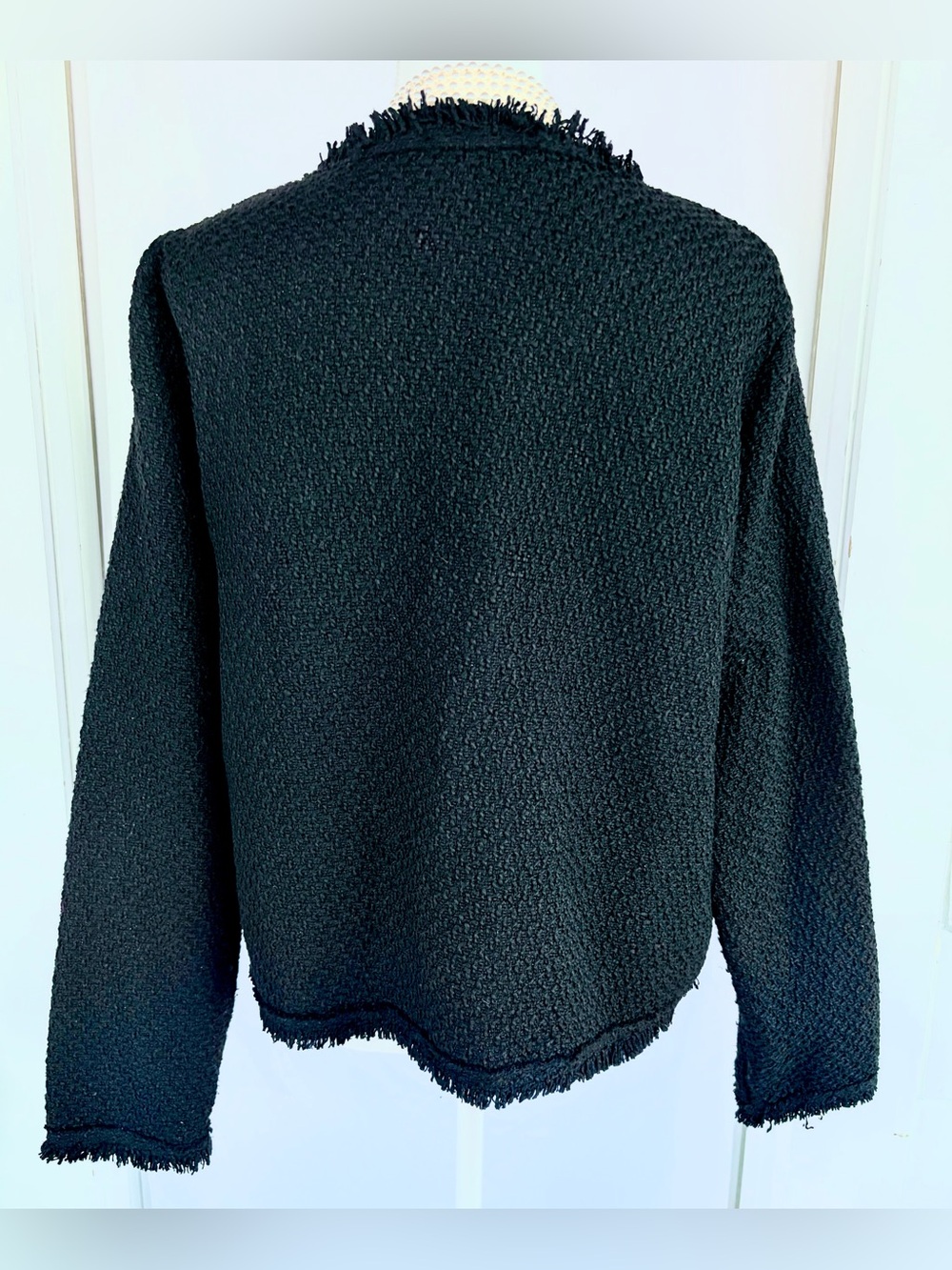 Black Tweed Fringed Pearl Button Crop Cardigan Jacket Plus XXL - Picture 5 of 6